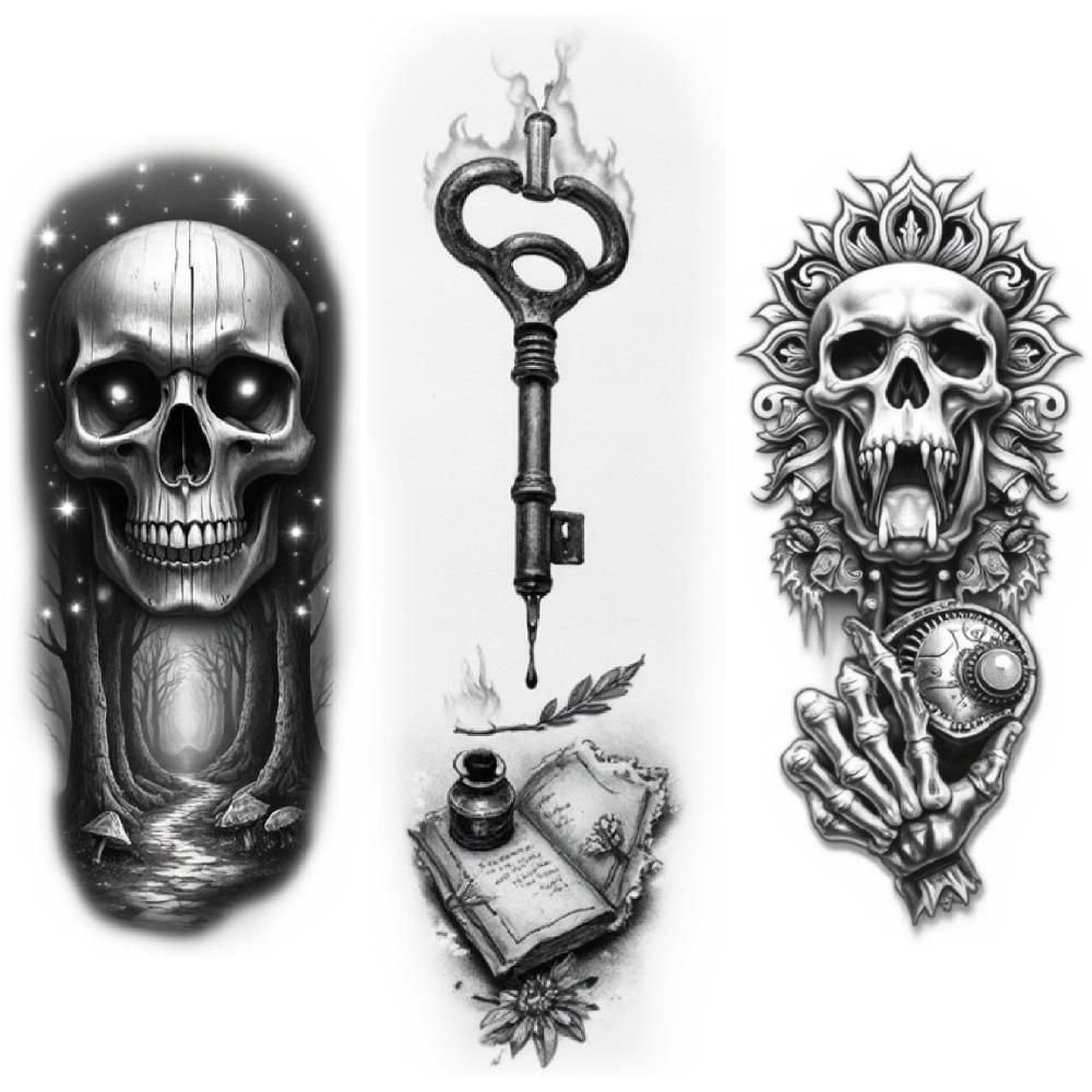 3pcs Temporary Tattoo Black And Grey Realism Skull Frame Butterflies For Women Adults Arms