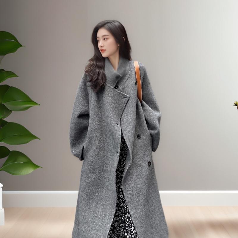 Dámský kašmírový vlněný kabát oboustranný ve stylu korejského stojáčku, jednořadé zapínání, luxusní pro podzim/zimu 2025