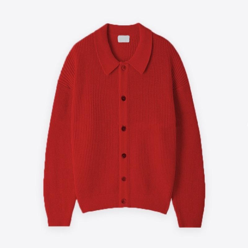 

Knitted Cardigan Jacket Men s Korean Style Lapel Sweater Solid Color Long Sleeve Top L красный
