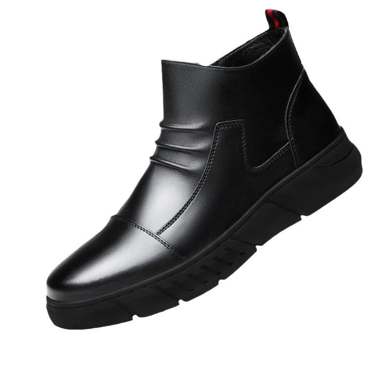 2025 winter new men's leather shoes casual fashion British high-top round head foot boots velvet