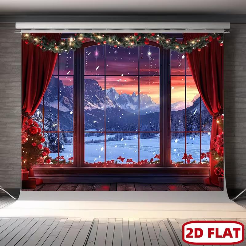 2D Christmas Sunset Window Backdrop Snowy Mountain Scenery Studio Background