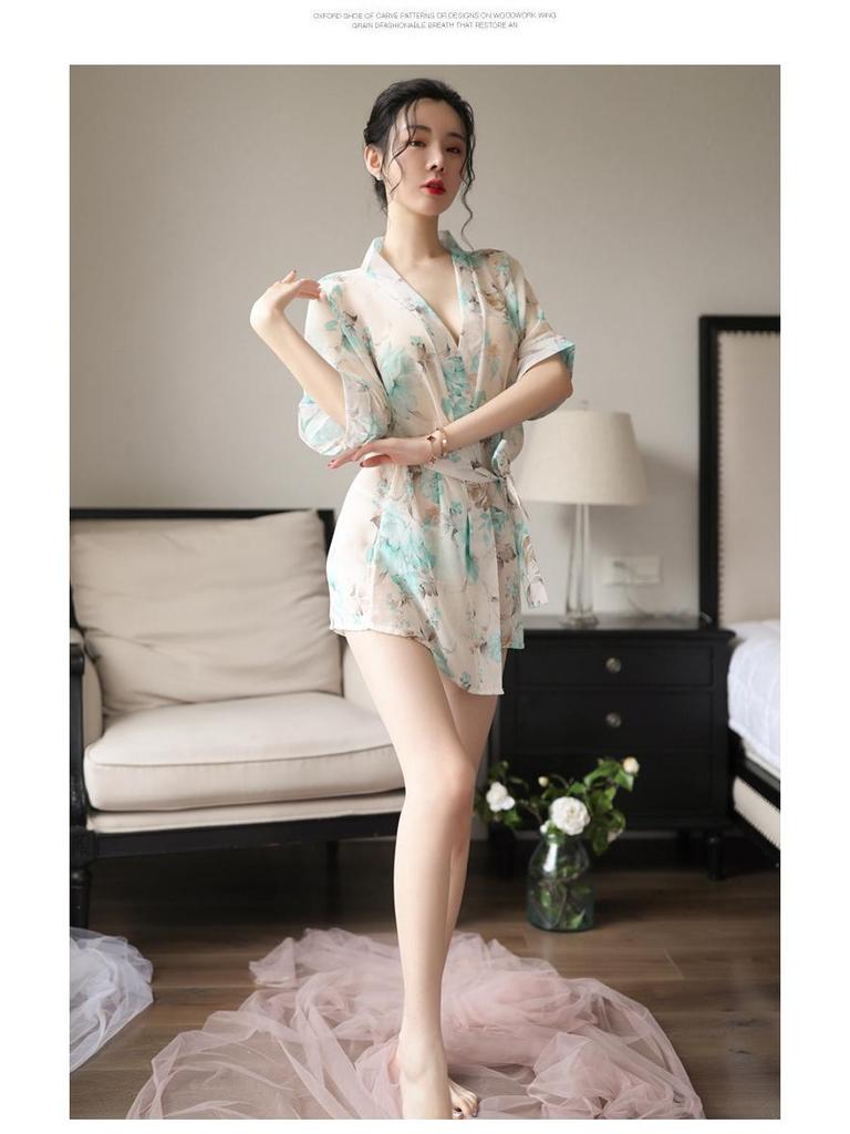 Set Sexy Kimono de Noapte din Șifon Imprimat - Lenjerie Transparentă de Inspirație Japoneză