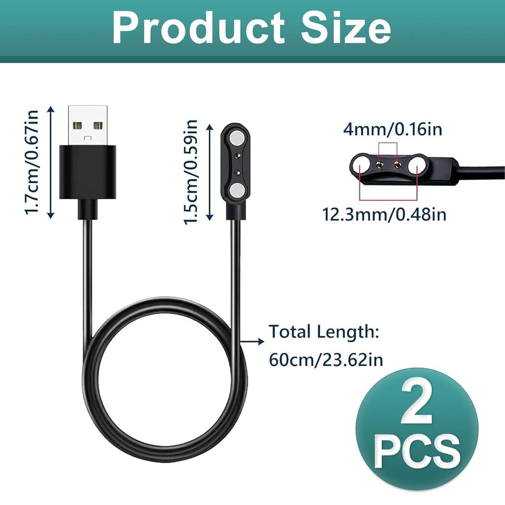 2 Stuks Universele Smartwatch Oplader, 2-Pin 4 mm Magnetische USB Oplaadkabel, Universeel Vervangend Oplaadsnoer voor Smartwatch & Fitness Tracker