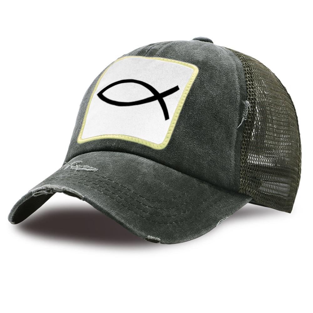 JESUS FISH Print Harajuku Trucker Hat Men Cotton Breathable Mesh Baseball Breathable Caps Women Summer Outdoor Snapback Hat