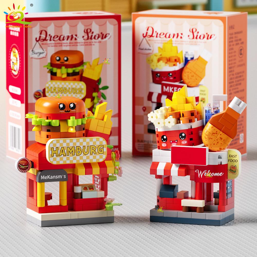 Non-Toxic Moc Cute Street Shop Model Micro Building Block Burger Fried Flower Model Mini Brick Toy For Children Desk Decor.