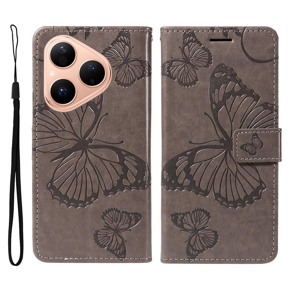 

For Huawei Pura 80 Wallet Case Floral Butterfly Imprint Leather Phone Cover Stand Grey