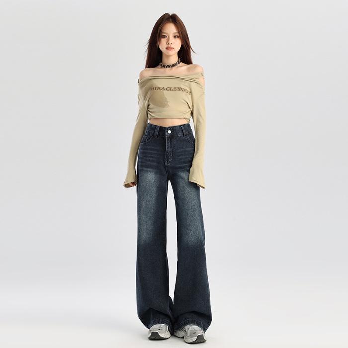 

Spring/Autumn 2025 Women s American Retro High-Waist Micro-Flare Jeans - Loose, Versatile, Floor-Length Wide-Leg Pants Large