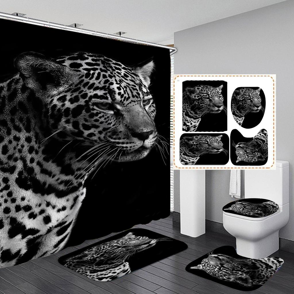4Pcs Leopard Series Shower Curtain Sets for Bathroom Non-Slip Bathroom Rugs Lid Toilet Cover Bath Mat