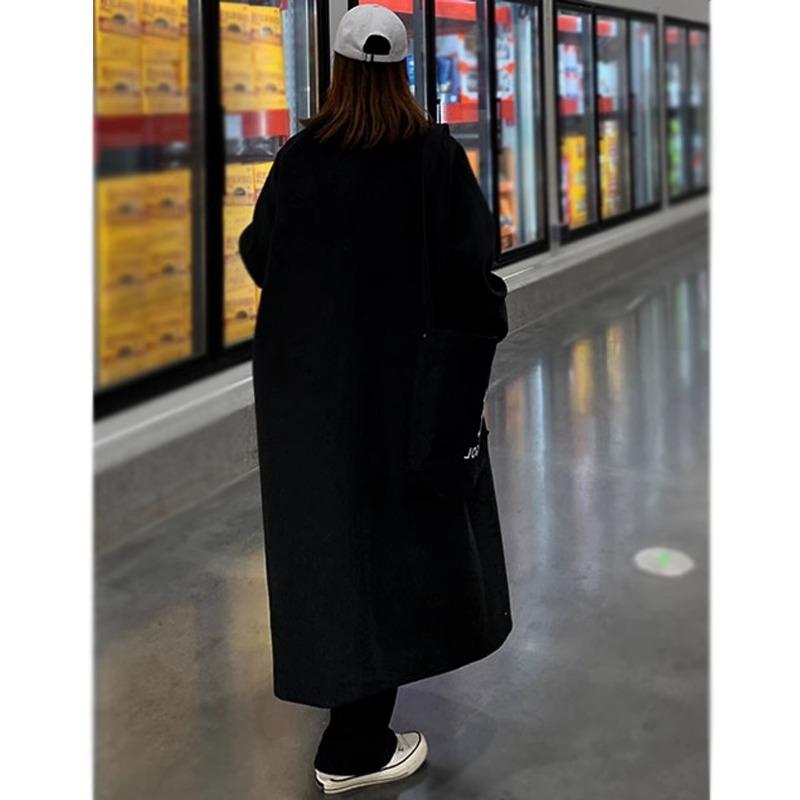 Black Woolen Coat Outerwear Autumn and Winter New Korean Style Loose Knee-length Thickened Woolen Jacket Jacket for Girls