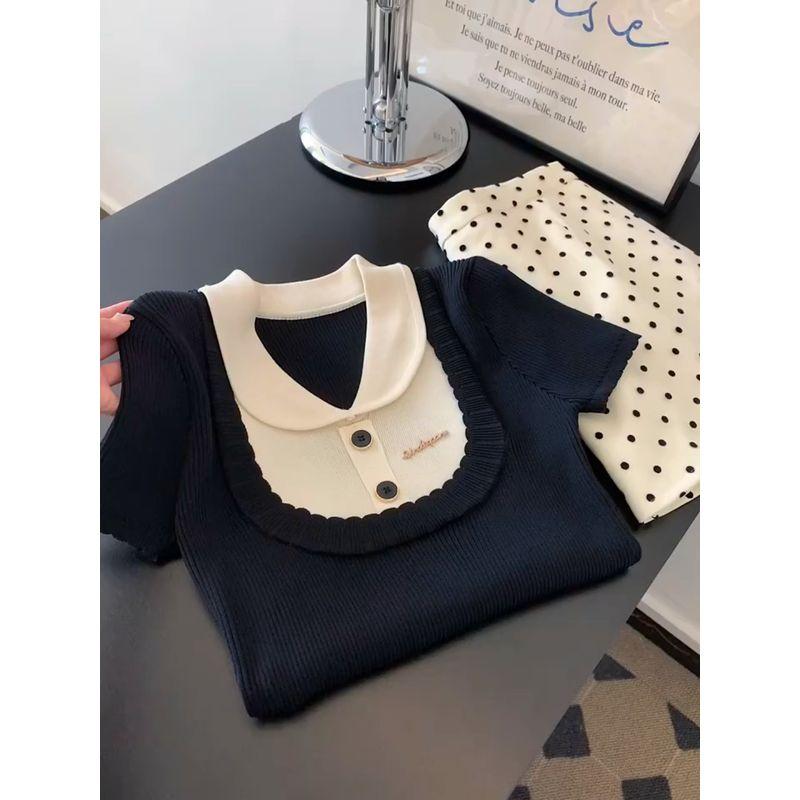 

The Fabric Is Soft and Not Tied at All! Korean Retro Style Girlish Style Slimming Contrast Color Peter Pan Collar Short Sleeve Knitwear Black S