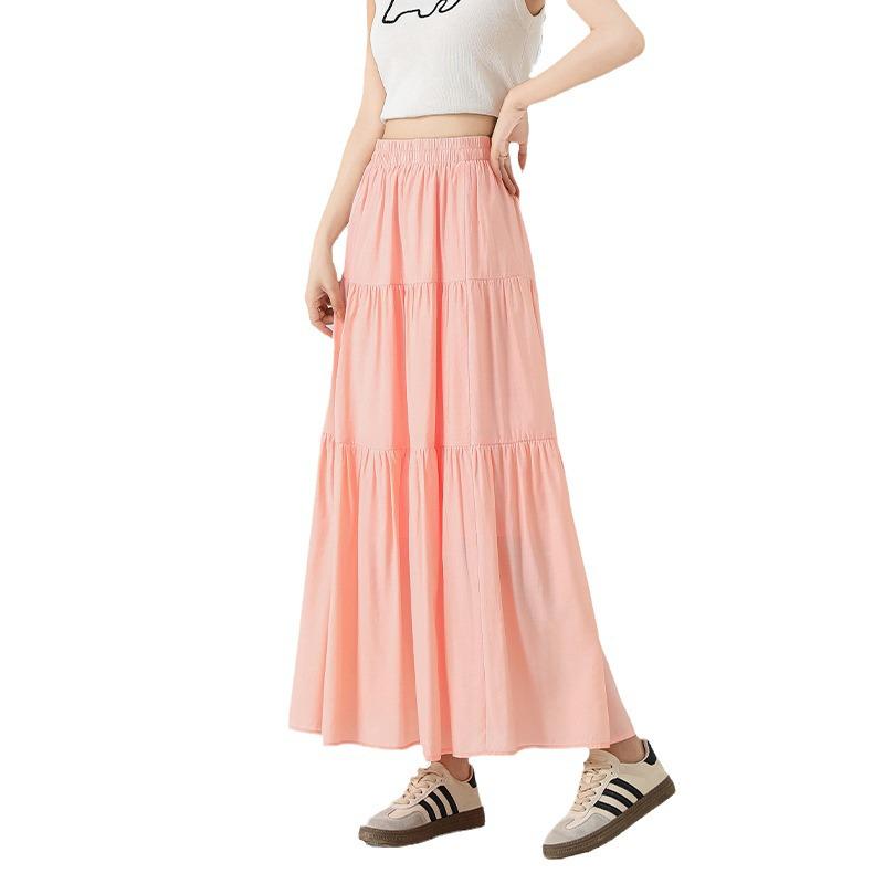 Summer 2025 Pink A-line Midi Skirt with Elastic Waist: Loose Fit, Slimming Design for Casual Wear.
