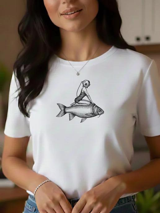 Fish print T-shirt featuring a female diver (summer style) 2XL