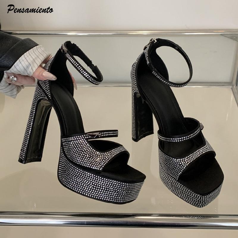 Fashion Star style Luxury Rhinestones Platform Wedges Women Gladiator Sandals Fashion Square toe High heels Summer Party Shoes Sandals