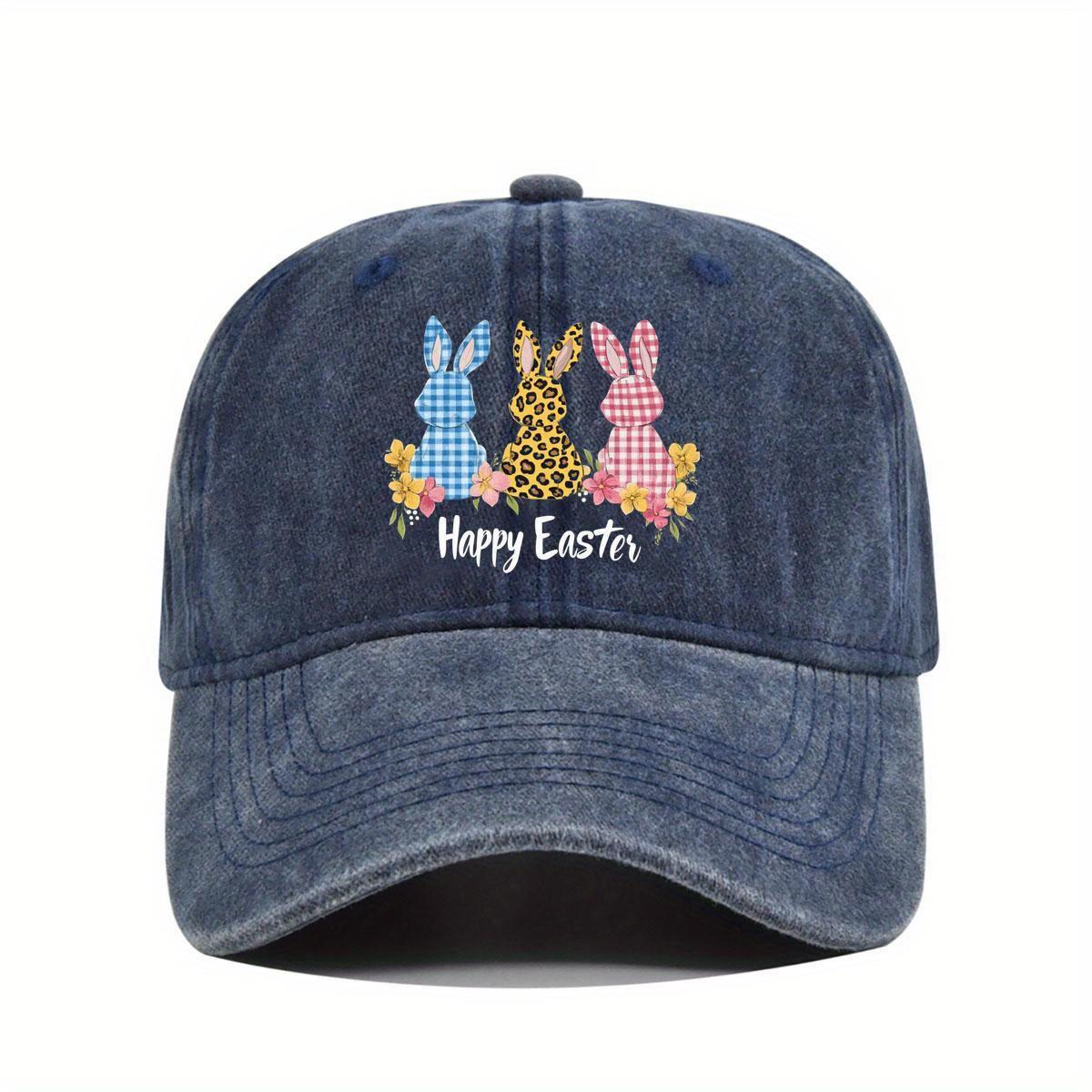 

Happy Easter Bunny Print Baseball Cap Adjustable Distressed Denim Hat Outdoor Sun Protection Adult One Size темно-синий