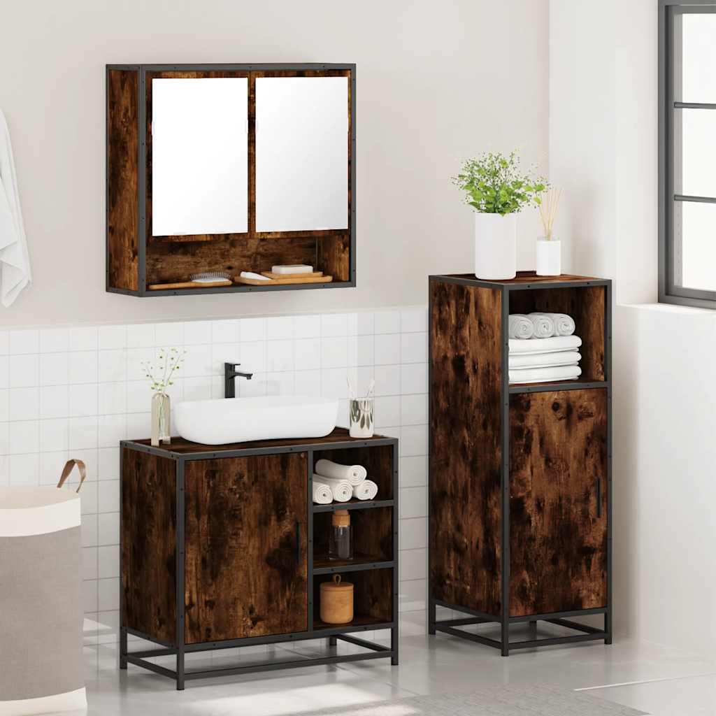 3 Piece Bathroom Furniture Set Smoked Oak Wood Based Panel