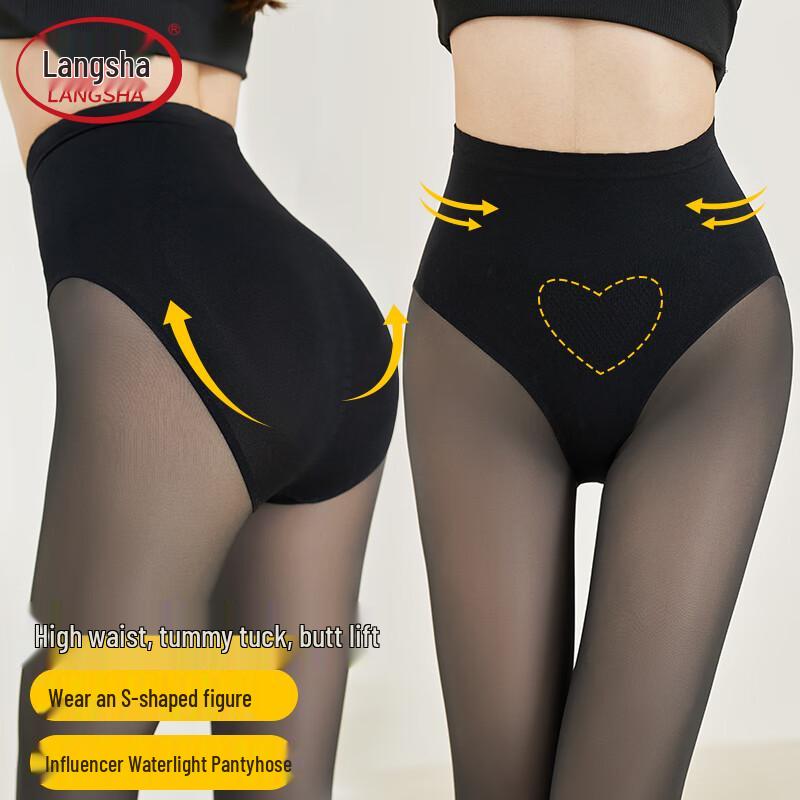 Langsha Women's High-Waist Fleece-Lined Faux Sheer Tights