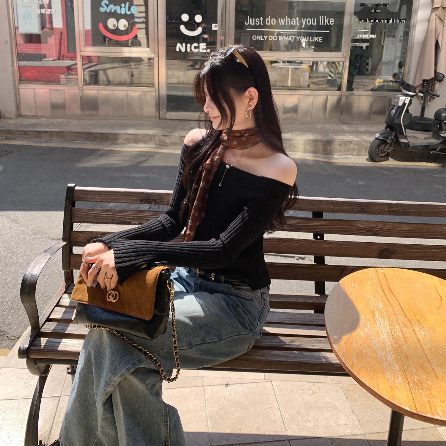 European Style Oatmeal One-Shoulder Bell Sleeve Knit Sweater - Women s Winter Slim Fit Top Small