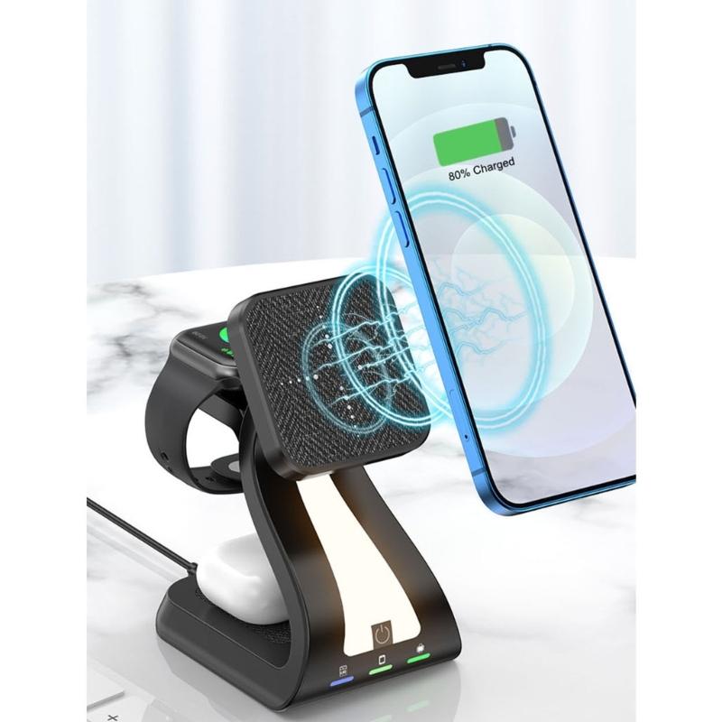 Magnetic Wireless Charging Station ABS Texture Suitable for Phone Watch Earphone Fast 15W Charging Built In Night Light