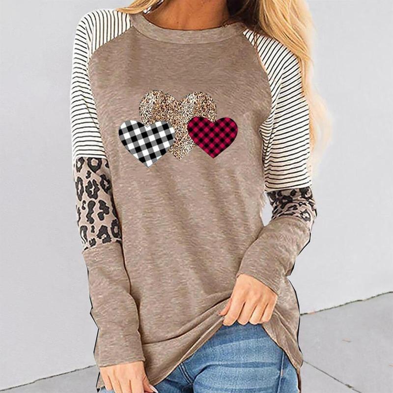 Leopard Striped Print Autumn Long Sleeves Women's T-shirts Fashion Casual Tops Daily Loose Crew Neck Women Clothing