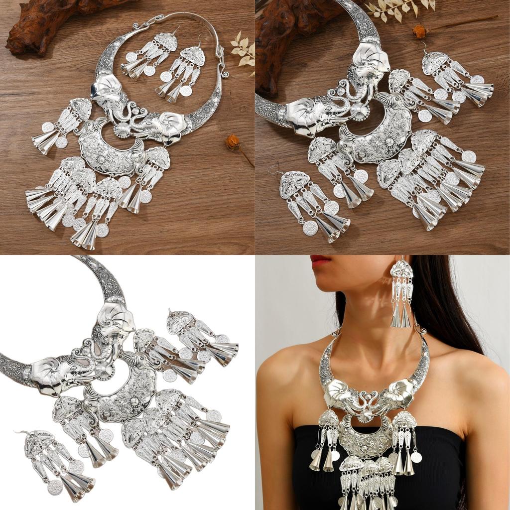 Miao Ethnic Elephant Bell Pendant Necklace With Geometric Alloy Design For Women