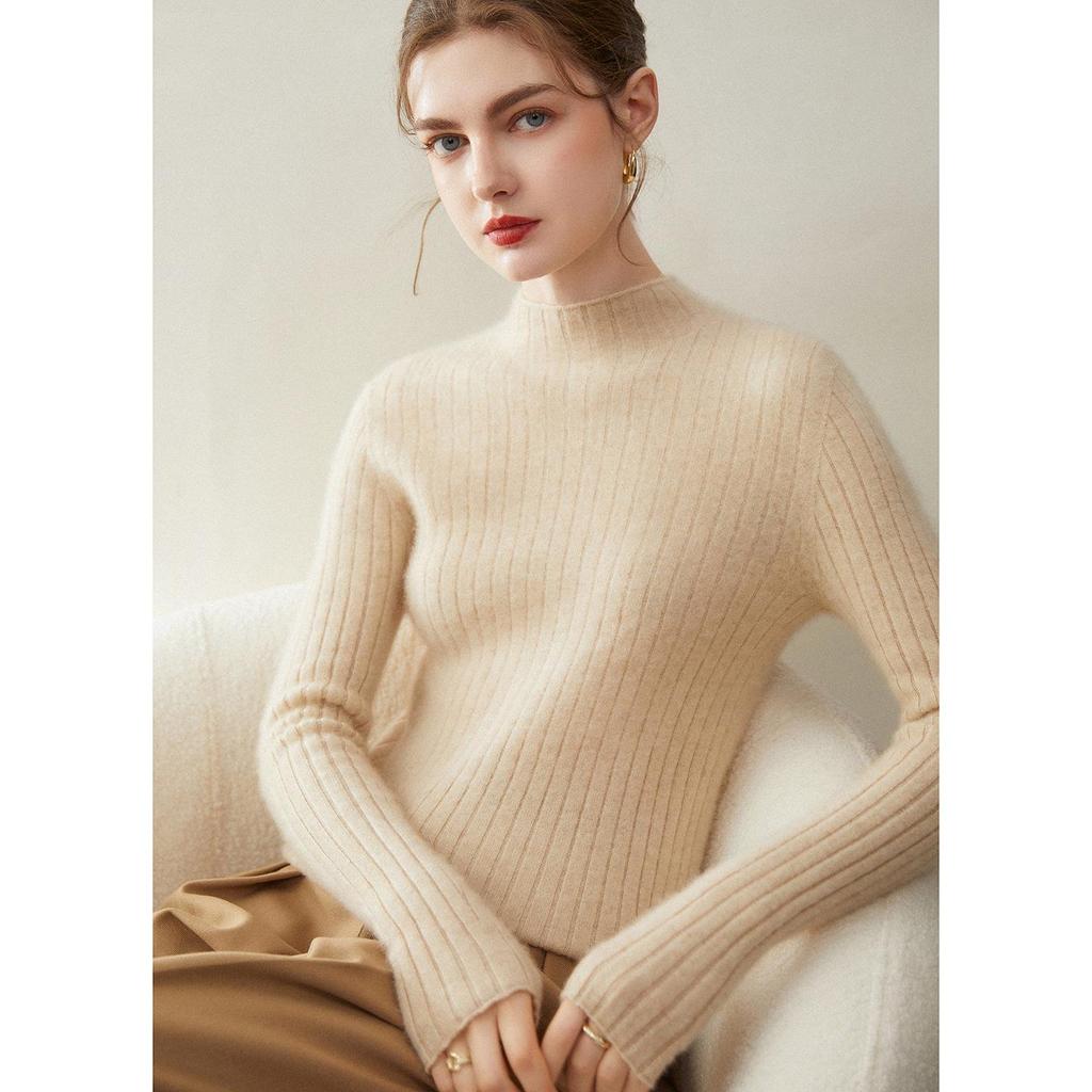 Women's 100% Pure Cashmere Striped Slim Fit Half-High Neck Sweater, Warm Autumn & Winter Knit Base Layer