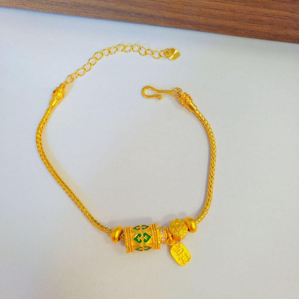 Vietnamese Gold-Enamel Coiled Bracelet: Chinese Retro Ethnic Style with Auspicious Words and Beaded Square Charm.