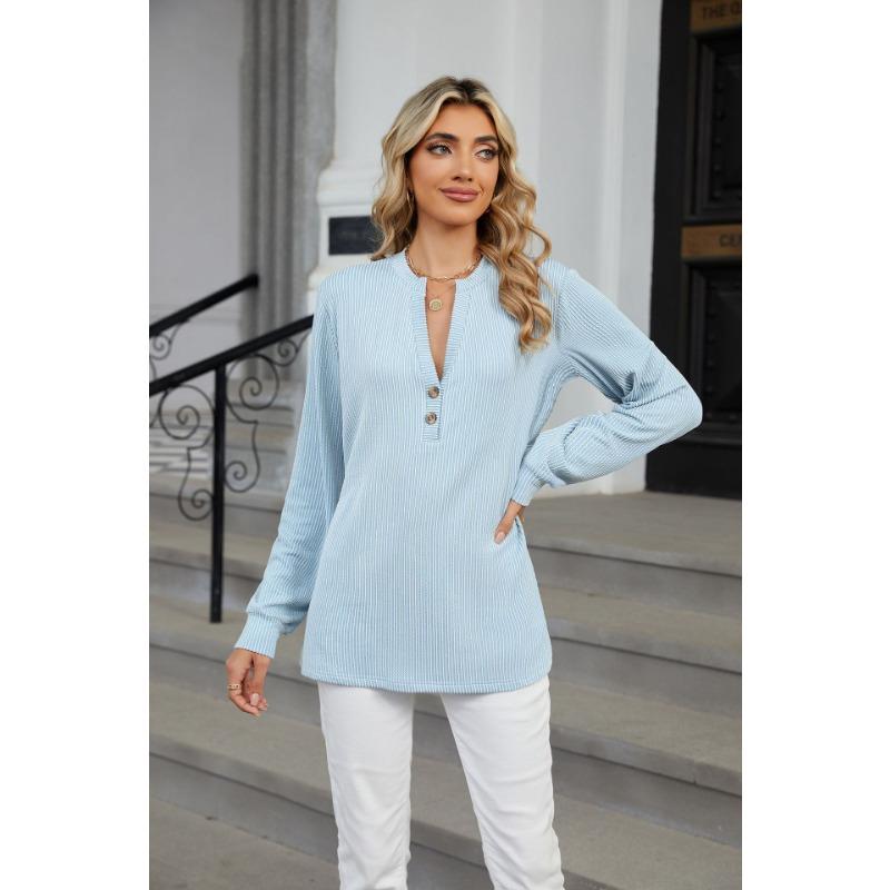 Spring and Autumn Women's Blouse Button Loose V-Neck Striped Long Sleeve Top