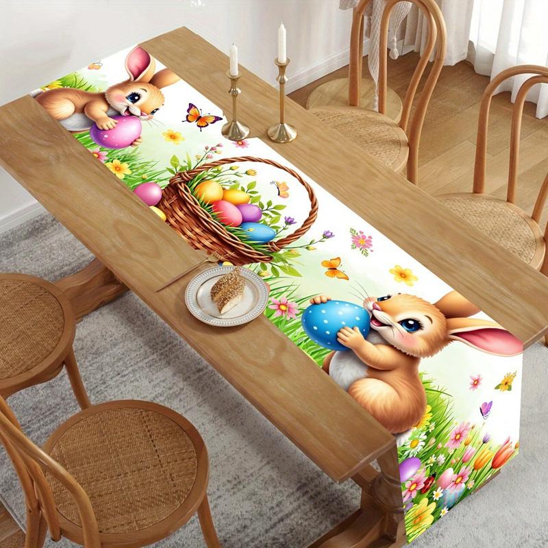 Vintage Easter Bunny Table Runner Polyester Rabbit Eggs Flower Table Flag Easter Decorations For Home Kitchen Dining Table Decor