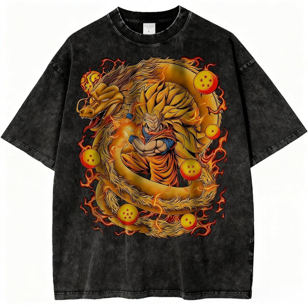 Anime Vintage Washed T Shirt Dragon Ball Men Women Short Sleeve Tee Japanese Graphic Print Streetwear Casual Summer Top Harajuku