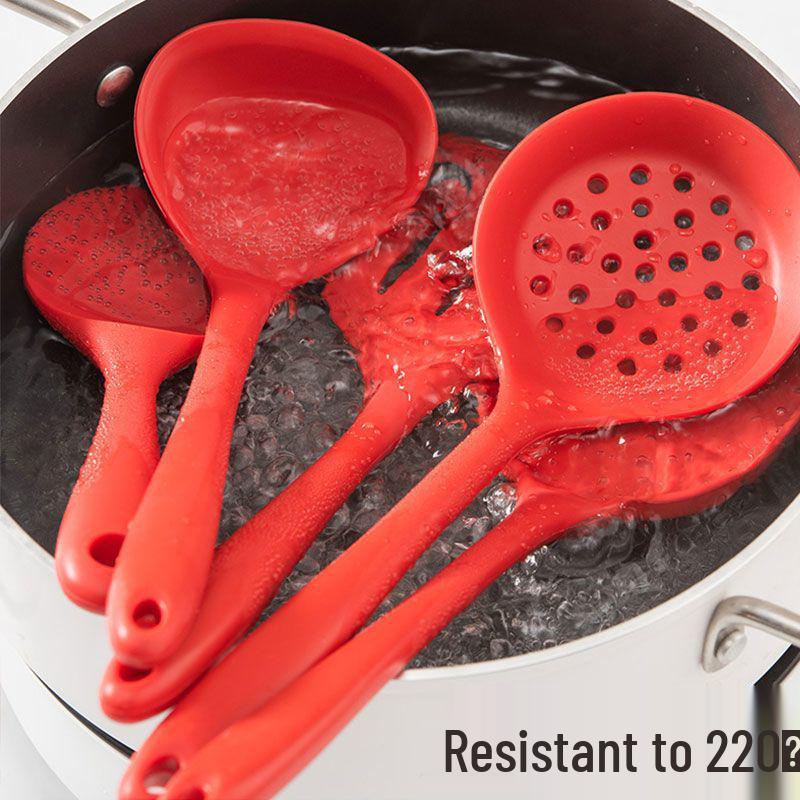 Red Silicone Kitchen Utensil Set: Soup Ladle, Slotted Spoon & Rice Spoon for Non-Stick Pans, Heat Resistant for Stir-Frying