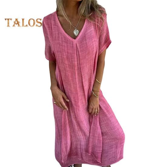 Dámske letné šaty, výstrih do V, krátke rukávy, voľné, jednofarebné, tenké, mäkké, priedušné, bohémsky štýl, do polovice lýtok, plážové midi šaty