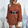 Frauen Herbst Winter Casual Eine Linie Hals Weg Von Der Schulter Bunte Laterne Hülse Gestrickte Pullover Kleid SL