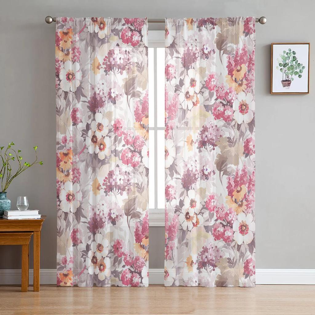 Spring Brown Background Peach Blossom Tulle Curtains Living Room Home Decor Window Curtain Kitchen Voile Sheer Made Of Polyester Sitting
