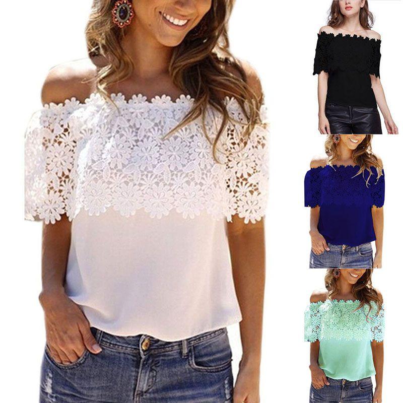 Offshoulder Short Womens Sleeve Lace Hollow Baggy Casual Tshirt Blouse Tops