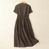 Summer Linen Cotton Solid Color Dress Short Sleeved Round Neck Waist Cinched Mid Length Skirt for Women