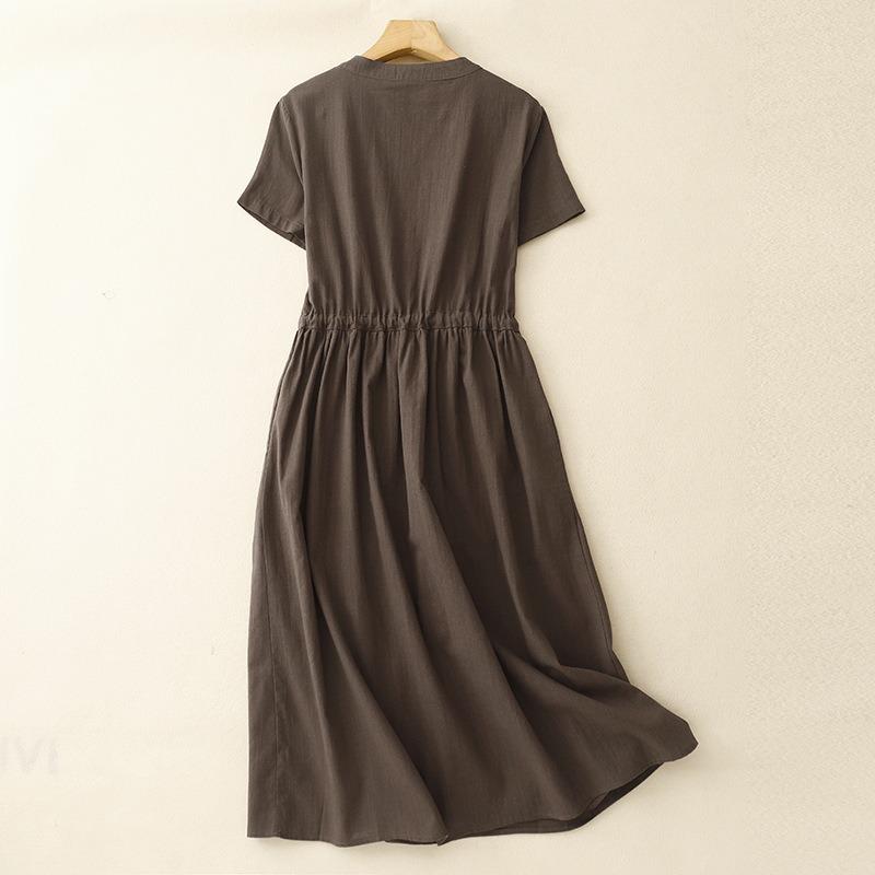Summer Linen Cotton Solid Color Dress Short Sleeved Round Neck Waist Cinched Mid Length Skirt for Women