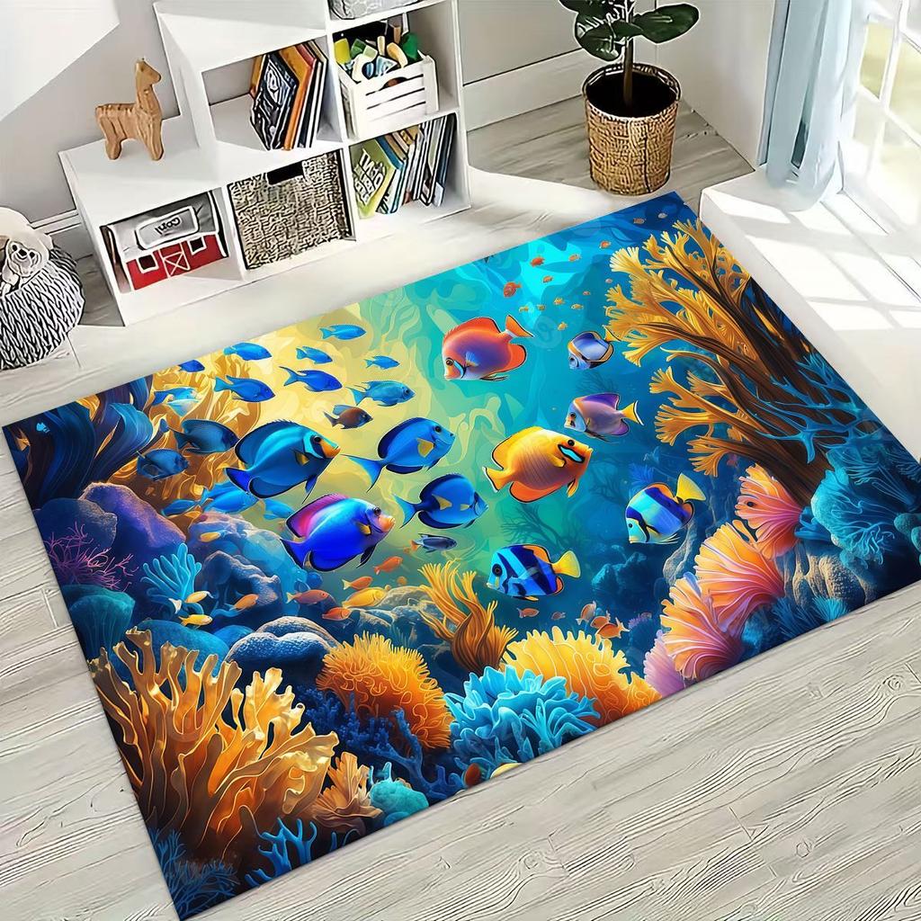 Dream Underwater World Sea Dolphin Turtle Coral Art Rug for Bedroom Living Room Sofa Home Doormat Decor,Kids Non-slip Floor Mat
