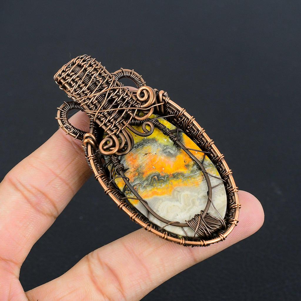 Bumble Bee Jasper Jewelry, 999 Copper Wire Wrapped Gemstone Pendant, Handmade Pendant, For Memorial Day