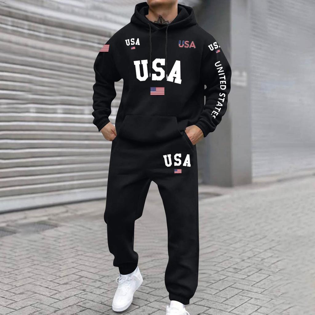 USA Letter Print Hoodie und Jogginghose Set Unisex Pullover Langarm Kapuzenoberteil und Kordelzug Jogginghose Zweiteiliges Outfit