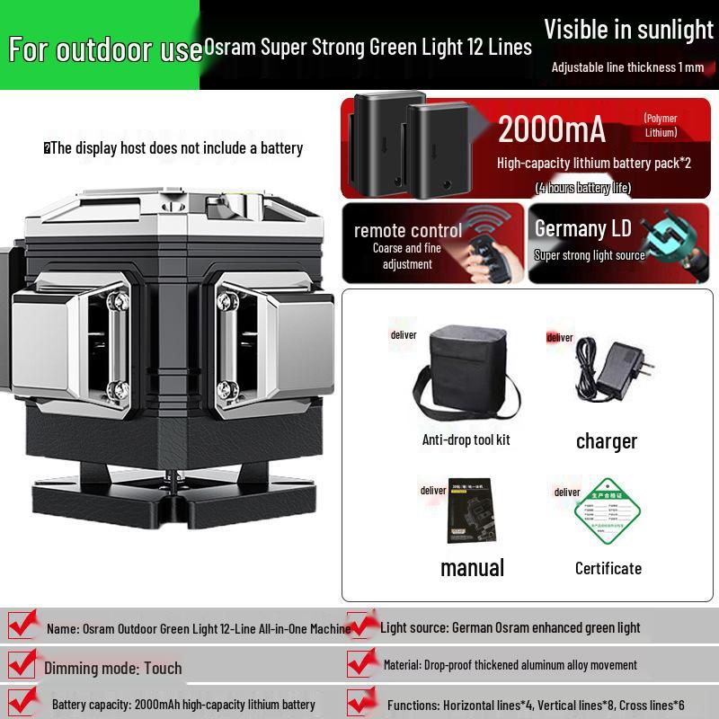 High-Precision 16-Line Green Laser Level for Walls and Floors with Automatic Self-Leveling and Infrared Technology.