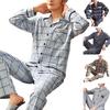 2 Pcs/Set Men Fall Winter Pajamas Set Striped Turn-down Collar Color Matching Single-breasted Loose Wide Leg Elastic Waist Homewear Shirt Trousers