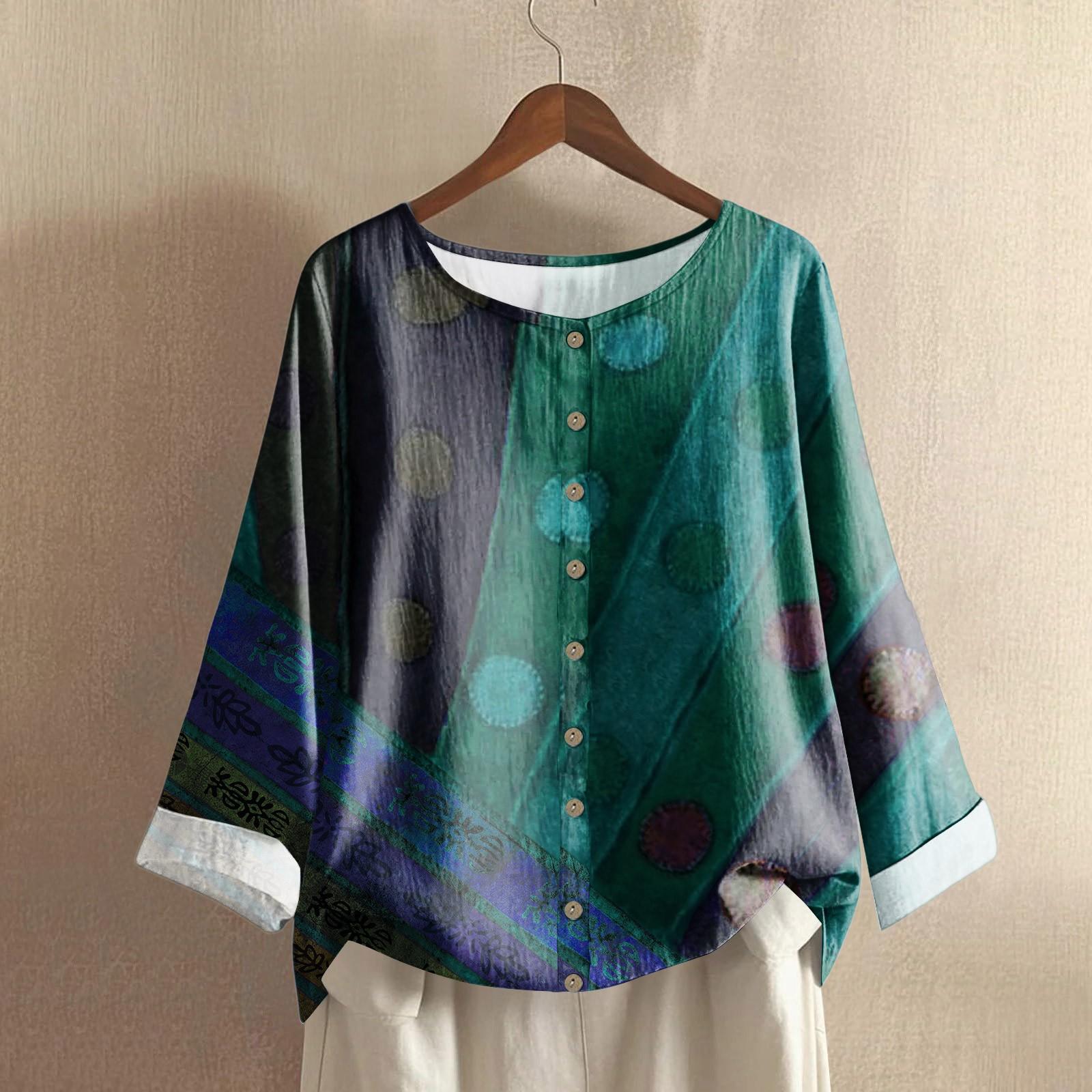 

Women s Casual Long-sleeved Round Neck Retro Geometric Print Cotton And Linen Top XXL зелёный