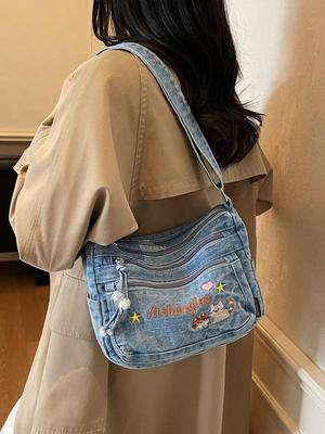 Retro Cartoon Denim Crossbody Bag - Versatile & Lightweight Women's Shoulder Bag