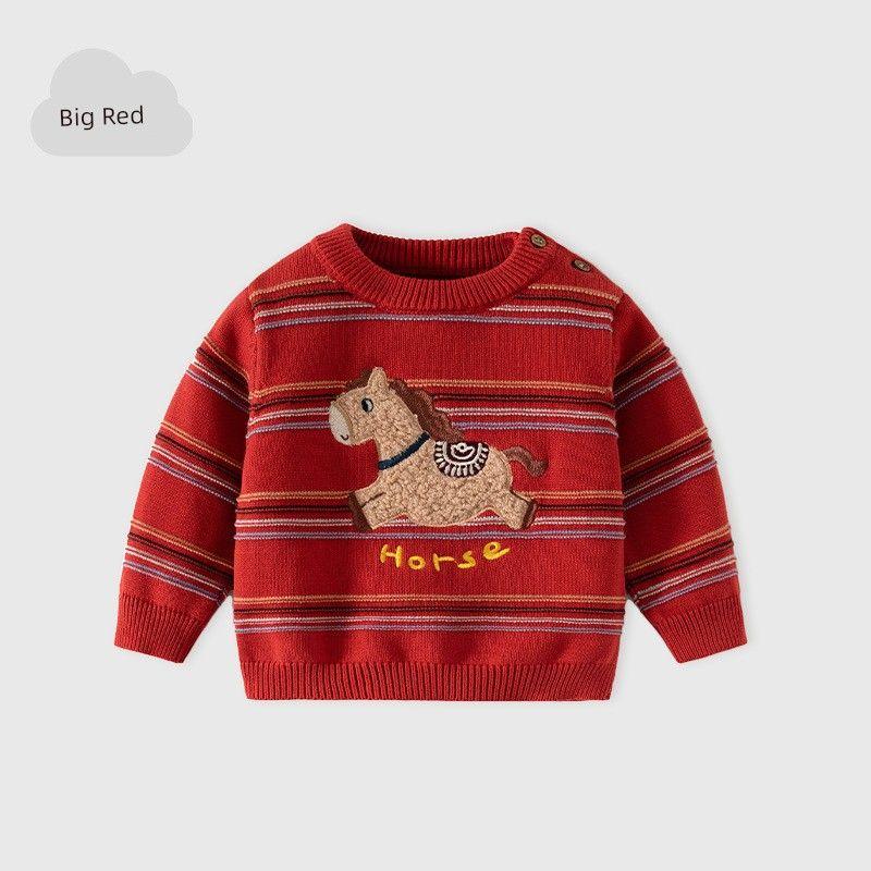Happy Little Horse New Year Children s Red Sweater Autumn and Winter Baby New Year Outfit Boys and Girls Pure Cotton Striped Knitwear Big Red-Bd960 130