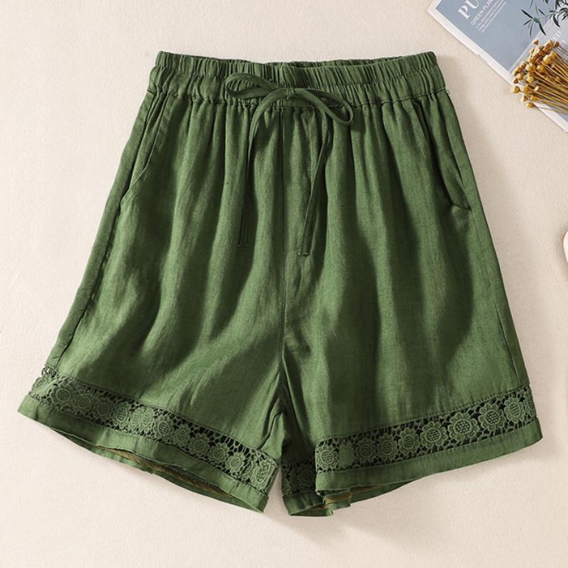 Casual Solid Linen Lace Floral Summer Short Pants Loose Elastic Waist Boho Beach Wear Shorts Women Bottom