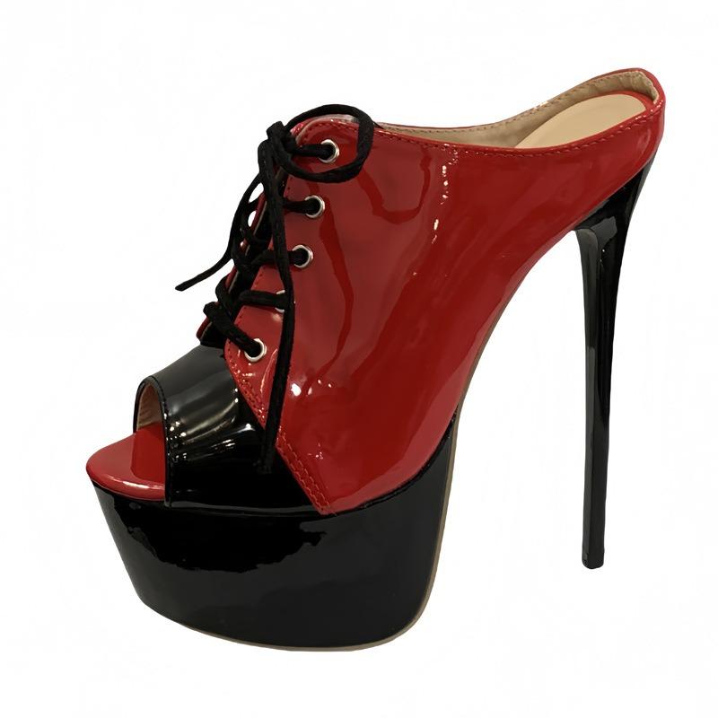 Ladies slippers women's summer new one-word fashion color matching lace-up black high-heeled slippers