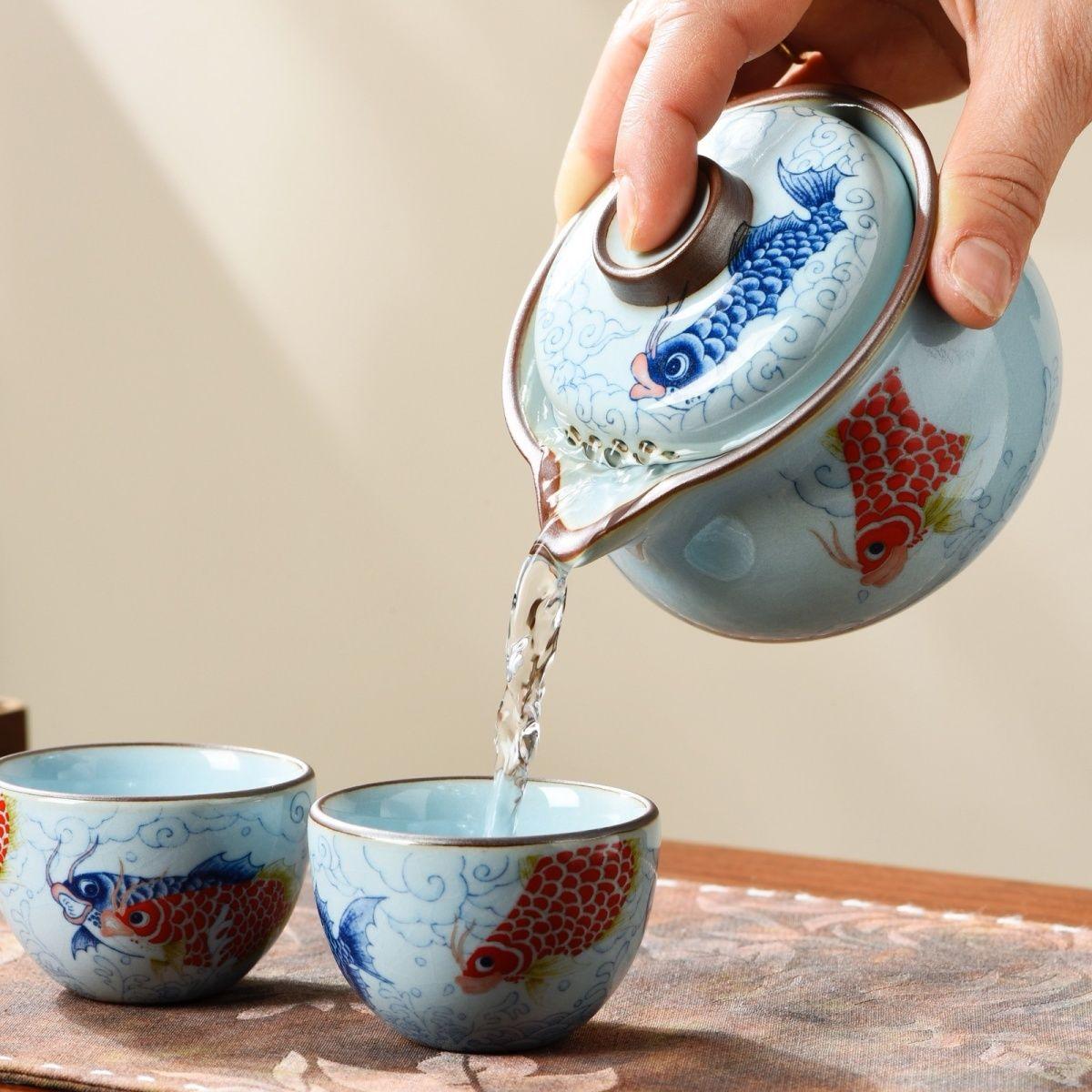 High-temperature Resistant in-glaze Color Tea Set, Gold Arowana Teapot, Teacup Gongfu Teaware Host Cup Ice Crack Pattern Tea Set