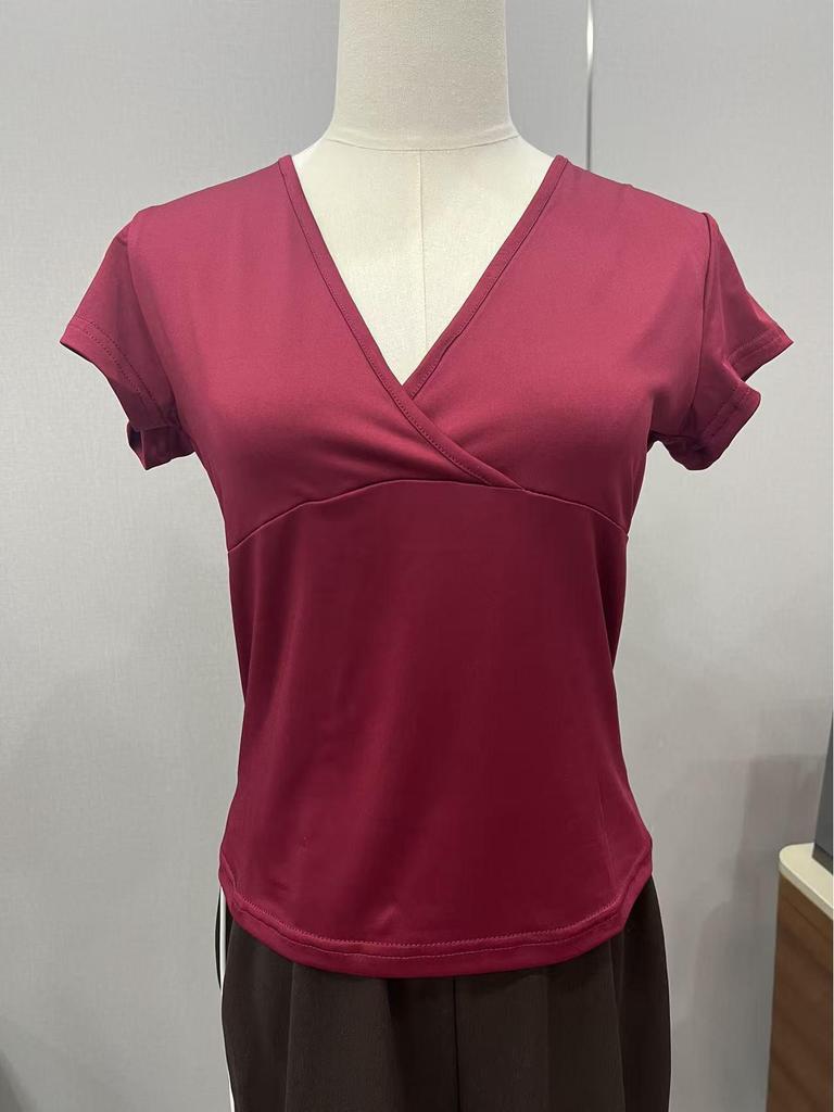 Damski T-shirt 2025 Y2K Jednolity Kolor Dopasowany Dekolt V Krótki Rękaw