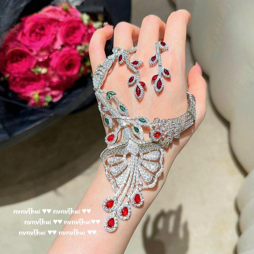 Papalacha Flower Jewel Necklace, Sotheby'S, 18K Gold Plated, Lady Magenta Flower Zircon Earrings Combination
