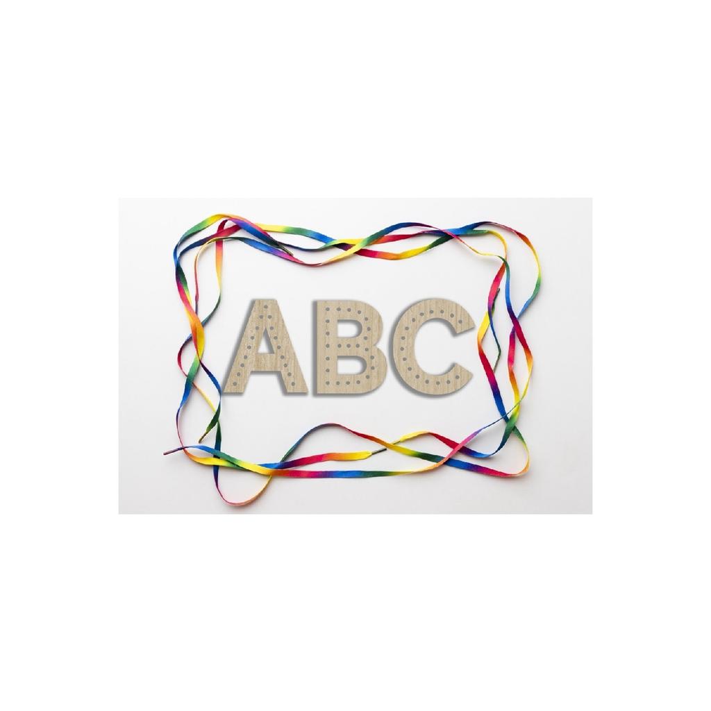 Montessori šněrovací hračka, písmena ABC řezaná laserem